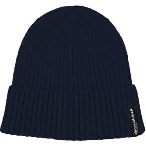 A navy blue unisex beanie with a ribbed texture and a small logo on the side.