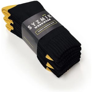 A pack of three bamboo work socks in black with yellow accents, featuring a branded label.