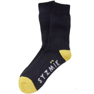 A pair of black work socks with a yellow toe and ribbed cuff, featuring a logo.