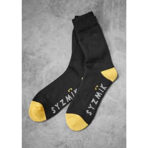 Bamboo work socks in black with yellow accents, featuring branding on the side. Pack includes three pairs.
