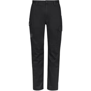 Black men's cargo pants with multiple pockets, featuring a logo. Suitable for summer wear.