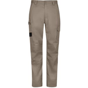 Men's summer cargo pants in khaki, featuring multiple pockets and a black detailing. Contains branding on the pants.