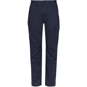 Men's summer cargo pants in navy blue with multiple pockets and a logo detail. Suitable for casual wear.