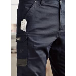 Navy men's cargo pants with a side pocket containing a measuring tool, featuring a logo.