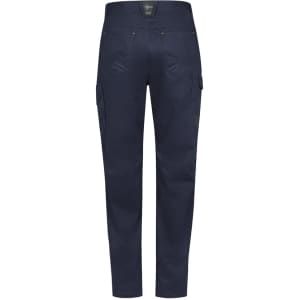 A pair of navy cargo pants with side pockets and a rear logo. Suitable for men's summer wear.