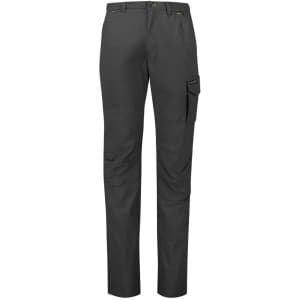 Lightweight men's cargo pants in dark grey with side pockets and a logo. Ideal for outdoor activities.
