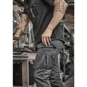 Men's essential basic stretch cargo pant in grey, featuring multiple pockets and a fitted design.