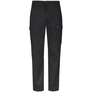 Men’s essential basic stretch cargo pants in black, featuring side pockets and a front button closure.