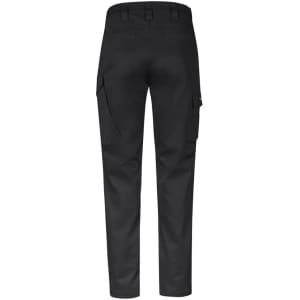A pair of black men's stretch cargo pants featuring side pockets and a simple logo on the back.