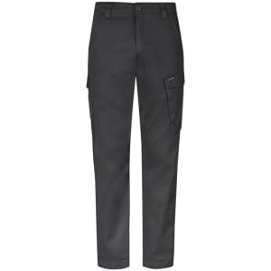 Essential basic stretch cargo pants in black, featuring side pockets and a front button closure. Includes branding.