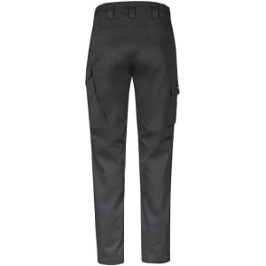 A pair of dark grey cargo pants with side pockets, featuring a logo on the back.