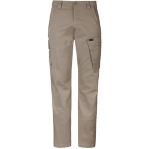 A pair of khaki men's cargo pants featuring multiple pockets and a logo.