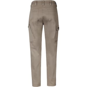 Beige cargo pants with a streamlined design and pockets, featuring a logo on the side.