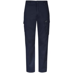 Navy cargo pants featuring side pockets and a button closure, with a branding logo. Suitable for casual wear.