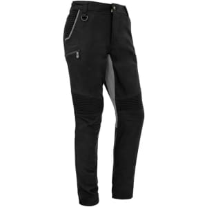 A pair of black stretch work pants featuring a zip pocket and textured panels, with a logo on the fabric.