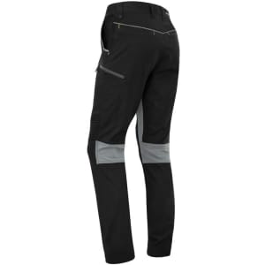 A pair of black work pants featuring grey detailing and a logo, designed for comfort and flexibility.