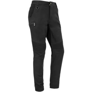 A pair of black stretch work pants featuring textured detailing and a logo.