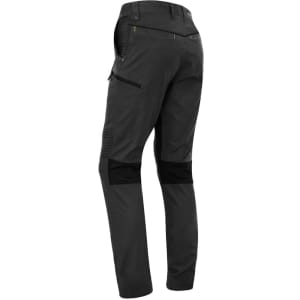 A pair of men's work pants in black with stretch fabric and a zip pocket. Features a logo on the waistband.