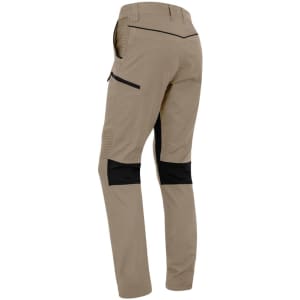 A pair of men's stretch work pants in khaki with black accents, featuring multiple pockets and a logo.
