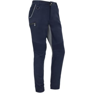 A pair of navy stretch pants with contrasting grey details and zippered pockets, featuring a logo.