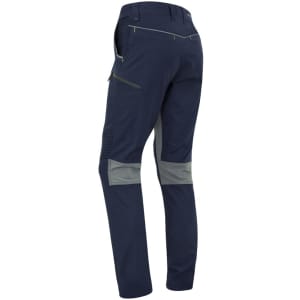 A pair of men's stretch work pants in navy blue with grey accents, featuring a zippered side pocket and a logo.