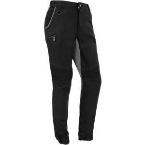 Men's cuffed stretch pants in black, featuring side pockets and a modern design, with a logo on the fabric.