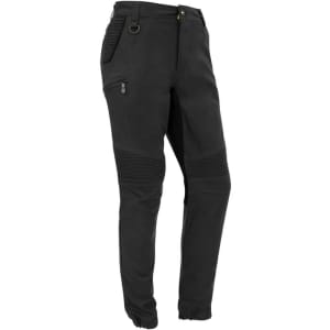 A pair of cuffed stretch work pants in black, featuring a zip pocket and ribbed detailing. The pants have a logo.