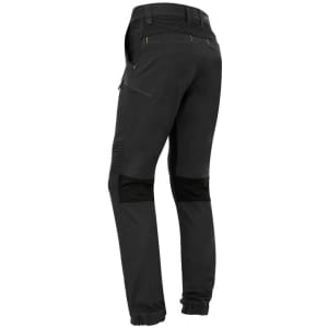 A pair of black cuffed stretch pants with yellow stitching and zip pockets, designed for workwear.