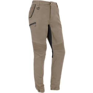 Men's cuffed stretch pants in olive green with zip pockets and a slim fit design. Features a logo on the waistband.