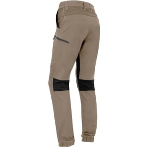 A pair of men's tan stretch work pants with cuffed hems and black accents. Features pockets and branded detailing.