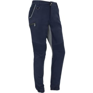 A pair of men's navy stretch pants with cuffed ankles, featuring zippered pockets and a logo.