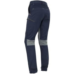 Navy work pants with cuffed hems, featuring a grey panel and a zip pocket, designed for comfort and flexibility.