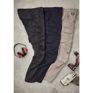 Three pairs of Men's Streetworx Curved Cargo Pants in black, navy, and beige, displayed with work tools and accessories.