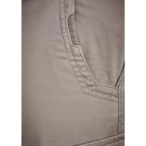 Close-up of a pair of men's cargo pants in a light beige colour, featuring a side pocket. The pants have a textured fabric.
