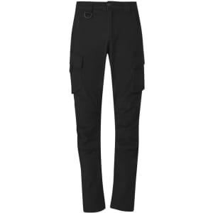 Men's cargo pants in black with multiple pockets and a fitted design, featuring a branding logo.
