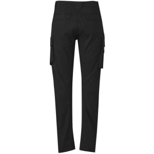 A pair of black men's cargo pants with curved design and side pockets, featuring a stylish and functional look.