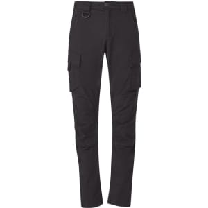 A pair of black cargo pants with curved design and multiple pockets, featuring a branding logo.