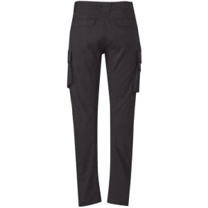 Black cargo pants featuring curved design and multiple side pockets, with a logo visible on the back.