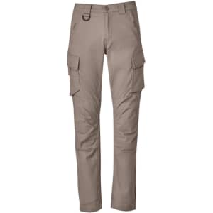 Curved cargo pants in a beige colour, featuring multiple pockets and a looping strap. Includes a branding logo.