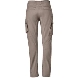 Curved cargo pants in a beige colour, featuring side pockets and a branded logo.