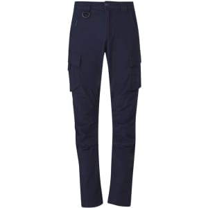A pair of men's curved cargo pants in navy blue, featuring multiple pockets and a logo.