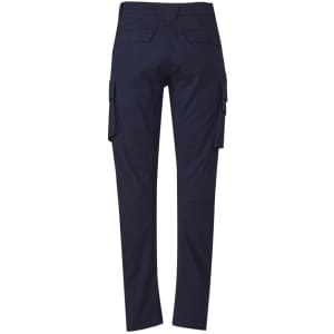 Curved cargo pants in navy blue with side pockets and a fitted style. The back view highlights the sleek design.