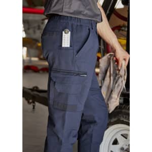 Navy work pants with cuffed hems, featuring multiple pockets and a logo. Suitable for various work environments.