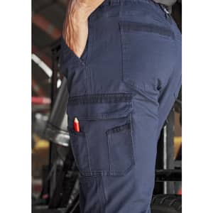 Navy blue work pants with utility pockets, designed for durability and functionality, featuring a pencil holder on the side.