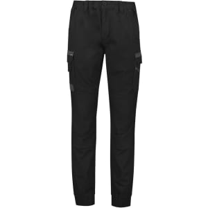 A pair of black cuffed work pants featuring cargo pockets and a logo on the waistband.