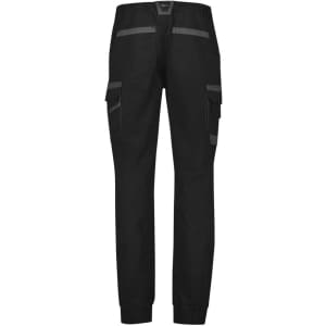 Black cuffed work pants featuring multiple pockets and reflective detailing. Includes a logo.