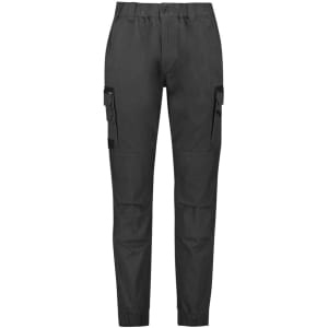 Men's cuffed work pants in dark grey, featuring side pockets and a sleek design. Includes a logo.