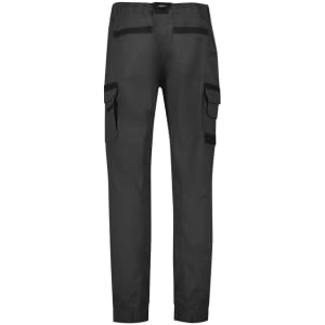 Black cuffed work pants featuring multiple side pockets and an elasticised waistband. Includes a logo on the back.