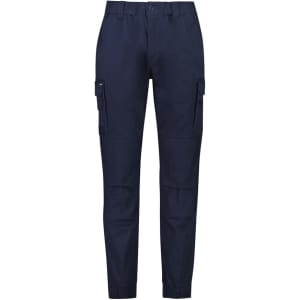 Navy cuffed work pants featuring cargo pockets and a waistband. Includes a logo branding element.