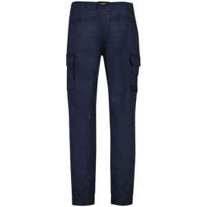 Navy blue cuffed work pants featuring multiple side pockets and a logo. Suitable for workwear and outdoor activities.